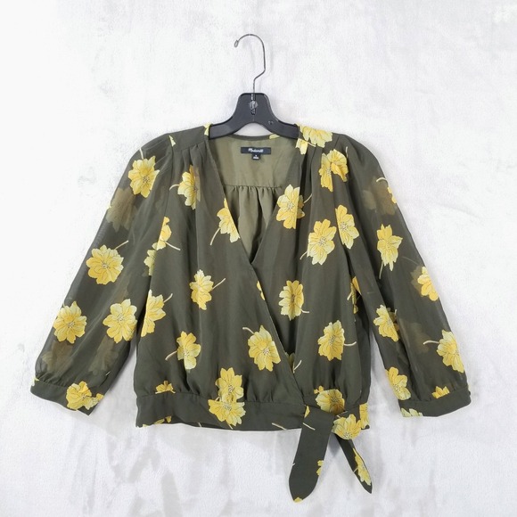 Madewell Tops - Madewell Wrap Blouse Women M Olive Green Yellow Floral Chiffon Top 3/4 Sleeve
